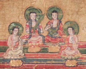 Peinture sur soie du XIIIe siècle : les 4 prophètes du Manichéisme (Mani, Zoroastre, Bouddha et Jésus).