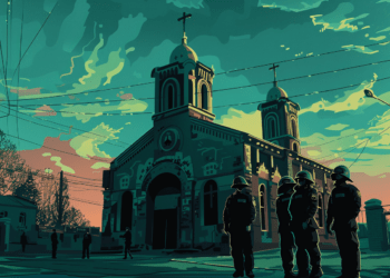 Des policiers devant une église catholique au Belarus