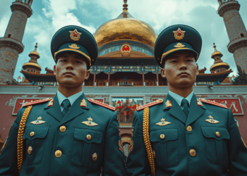 Deux soldats chinois devant une mosquée
