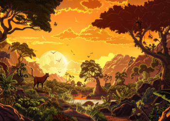 Animisme - illustration d'un paysage africain avec plantes, soleil, animaux et montagnes