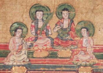 Peinture sur soie du XIIIe siècle : les 4 prophètes du Manichéisme (Mani, Zoroastre, Bouddha et Jésus).