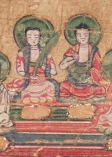 Peinture sur soie du XIIIe siècle : les 4 prophètes du Manichéisme (Mani, Zoroastre, Bouddha et Jésus).