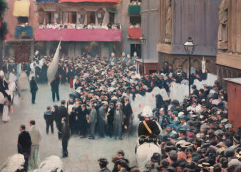 La procession de la Fête-Dieu sortant de l’église Santa Maria del Mar, Ramon Casas, vers 1896-1898. Musée national d’Art de Catalogne. Domaine public.