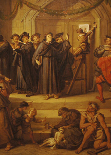 Martin Luther affichant ses 95 thèses à la porte de l’église de Wittenberg.