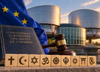 Illustration de la protection de la liberté de religion par l’article 9 de la Convention européenne des droits de l’homme, à travers la jurisprudence de la Cour de Strasbourg. Générée par IA