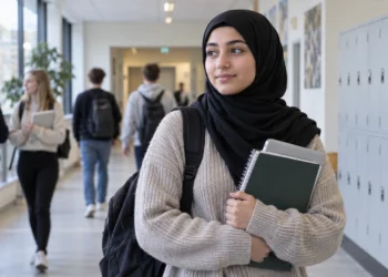 Une élève portant le foulard dans un établissement scolaire. Image d’illustration générée par intelligence artificielle.