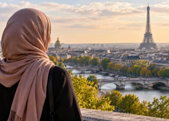 Une femme portant le hijab face à Paris, illustration du paysage musulman en France.