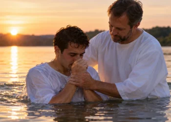 Illustration d’un baptême par immersion, pratique caractéristique des Églises baptistes, qui réservent ce rite aux personnes professant personnellement leur foi.