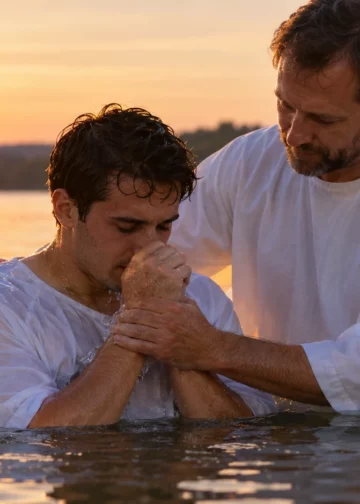 Illustration d’un baptême par immersion, pratique caractéristique des Églises baptistes, qui réservent ce rite aux personnes professant personnellement leur foi.
