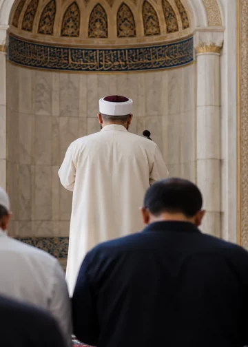 Un imam dirige la prière collective des fidèles dans une mosquée.