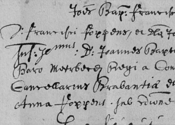 Inscription du baptême de Johannes Franciscus Foppens dans le registre de l’église Notre-Dame de la Chapelle, à Bruxelles, au XVIIe siècle.