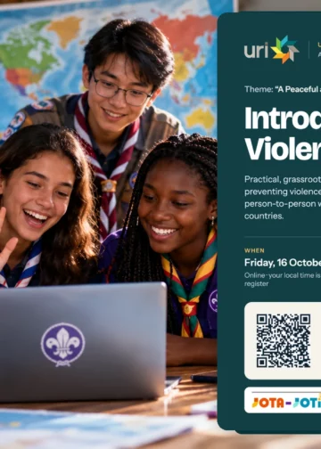 L’United Religions Initiative et l’Organisation mondiale du mouvement scout coopèrent à l’occasion du JOTA-JOTI 2026 pour promouvoir la prévention de la violence auprès des jeunes. Illustration réalisée à partir de l’affiche officielle de l’URI.
